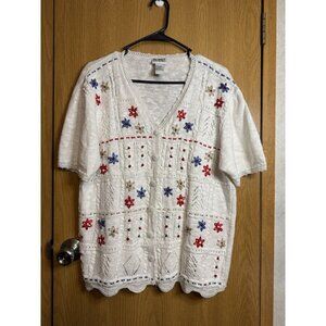 VTG KORET Knit Crochet Button Blouse Embroidered Flowers LARGE Cottagecore Artsy